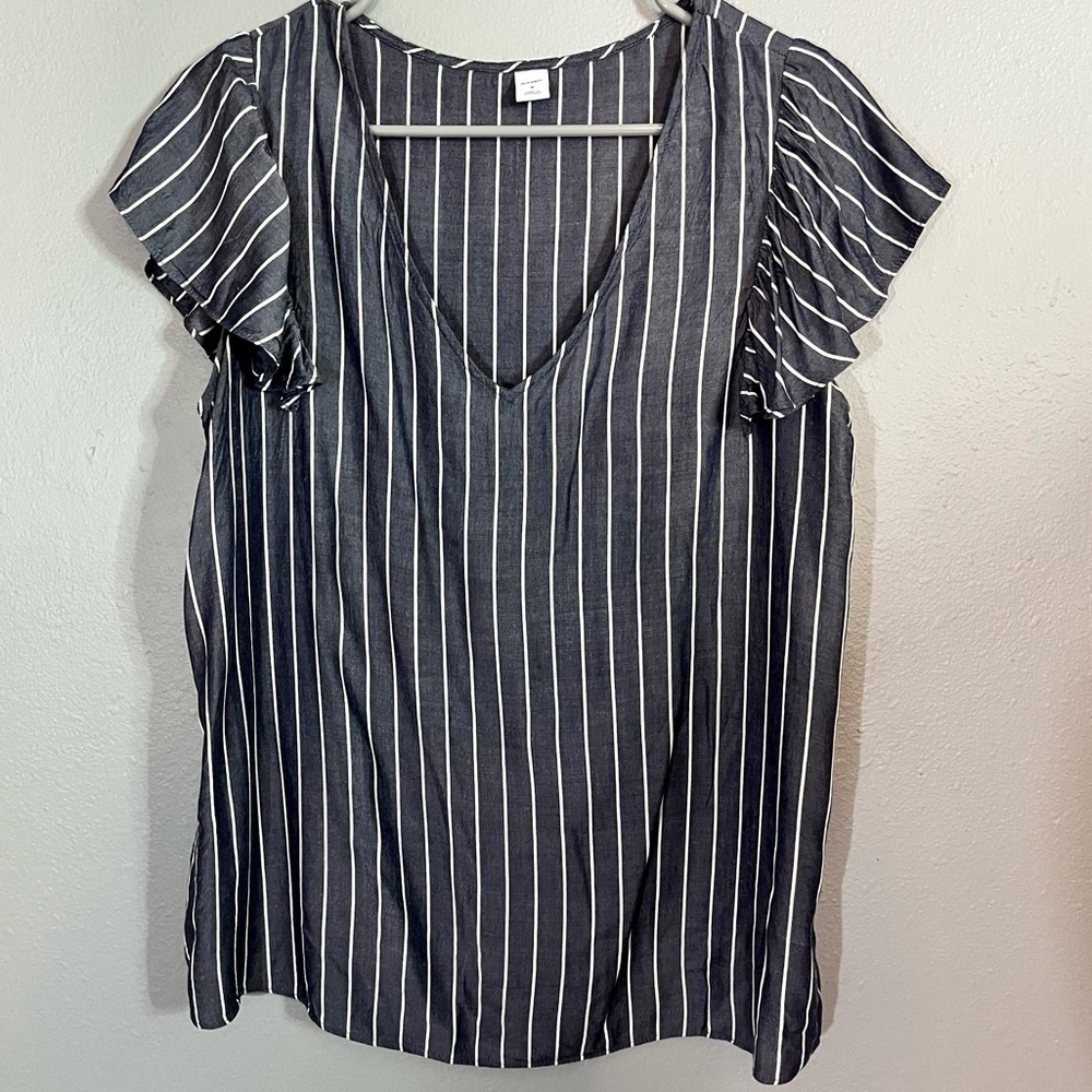 Old Navy Women's Navy Blue with White Striped Top with Ruffles on Shoulders